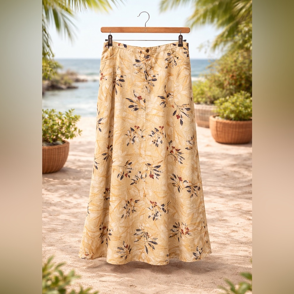 Liz Claiborne linen blend Yellow Floral Maxi Skirt‎ 14